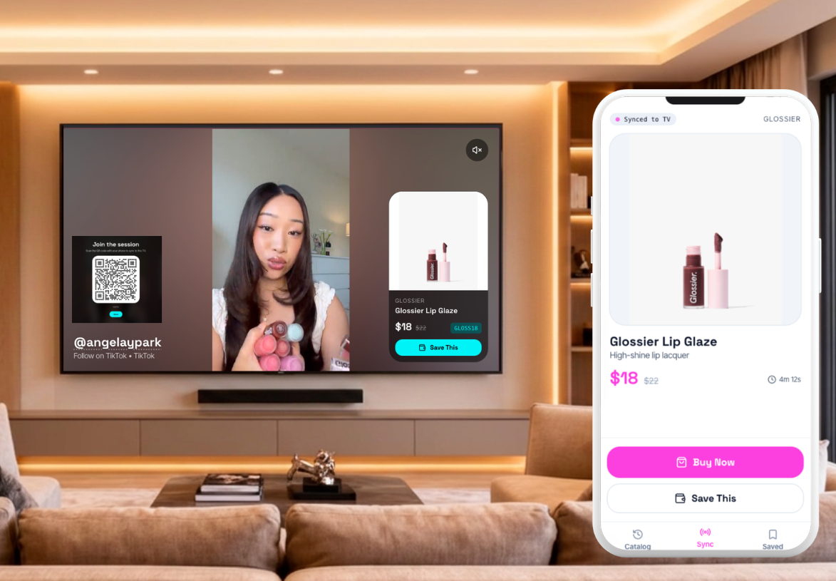 TV showing a QR join screen beside paired phones with synced product cards